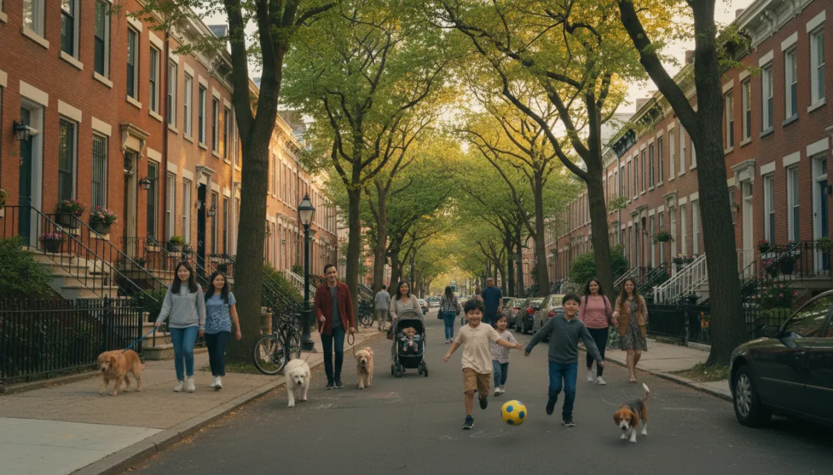 Families walking along a residential Philadelphia neighborhood street in spring Families walking along a residential Philadelphia neighborhood street in spring