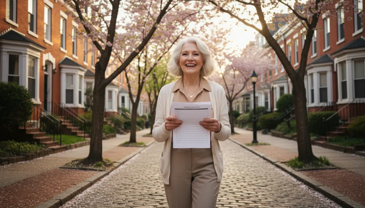 Senior woman reviewing a moving checklist while walking through a tree lined Philadelphia neighborhood