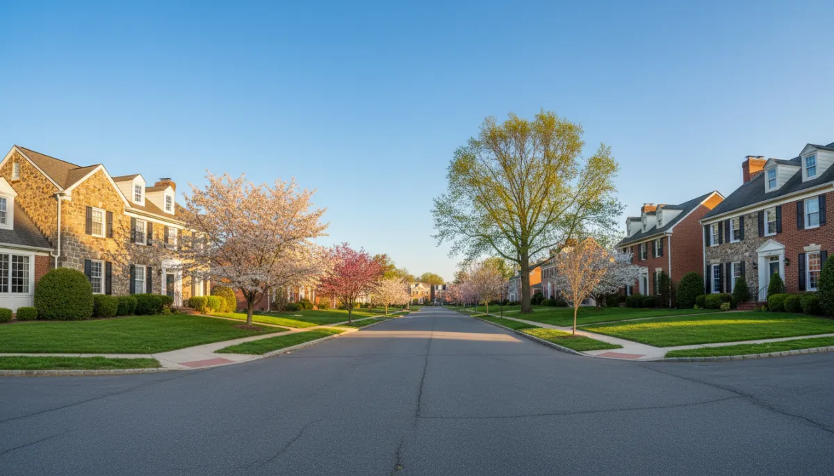 photorealistic view of a quiet West Chester PA residential street with colonial-style homes, stone and brick facades, manicured lawns, flowering trees, and a bright blue spring sky