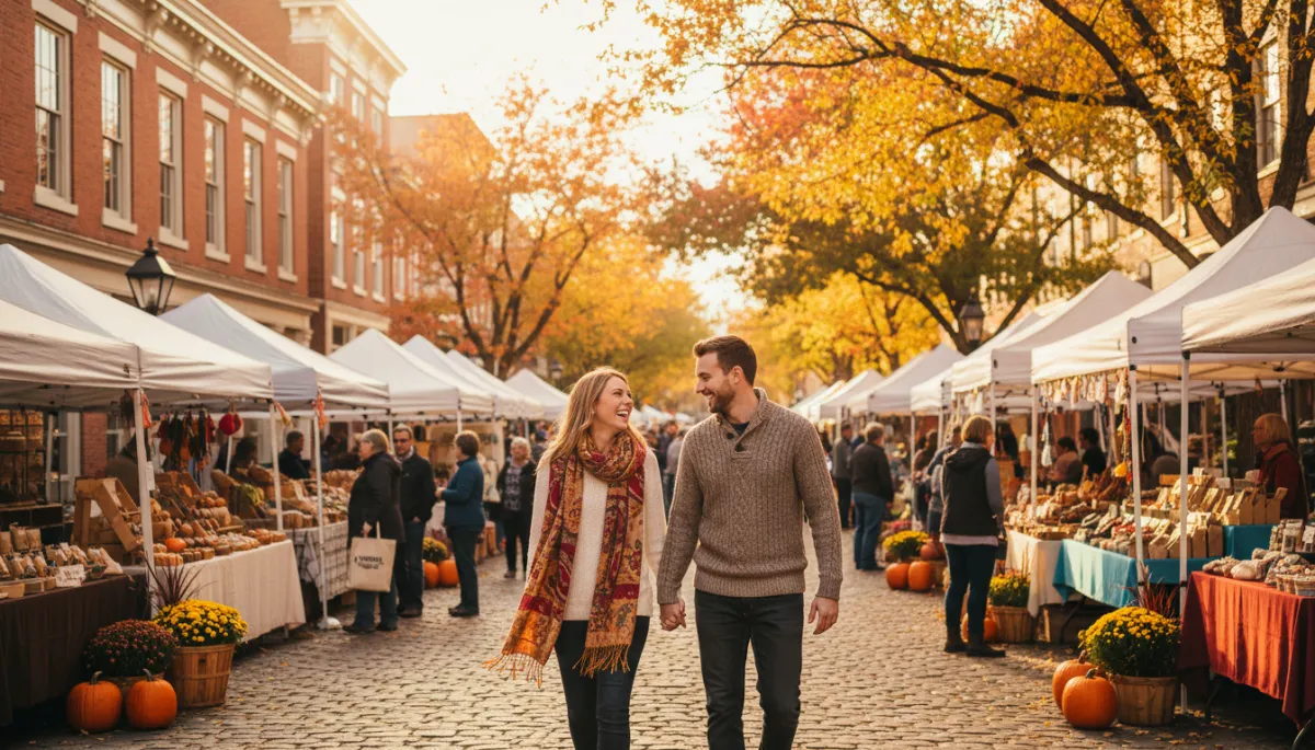 photorealistic warm lifestyle scene of a smiling couple walking through a vibrant West Chester street market with local vendors, brick buildings, and colorful autumn or spring foliage in the trees