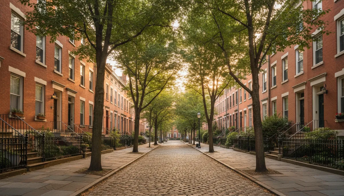 Calm Philadelphia neighborhood street with well-kept longtime homes Calm Philadelphia neighborhood street with well-kept longtime homes