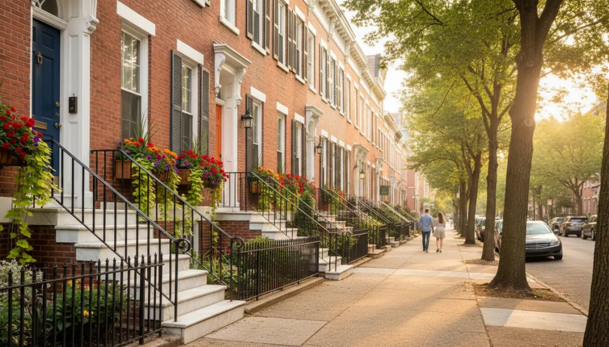 Philadelphia residential street with classic rowhomes and neighborhood charm