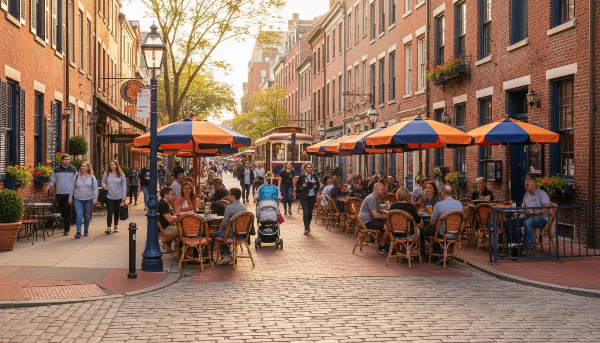 People exploring Philadelphia Living with cafes restaurants and walkable streets