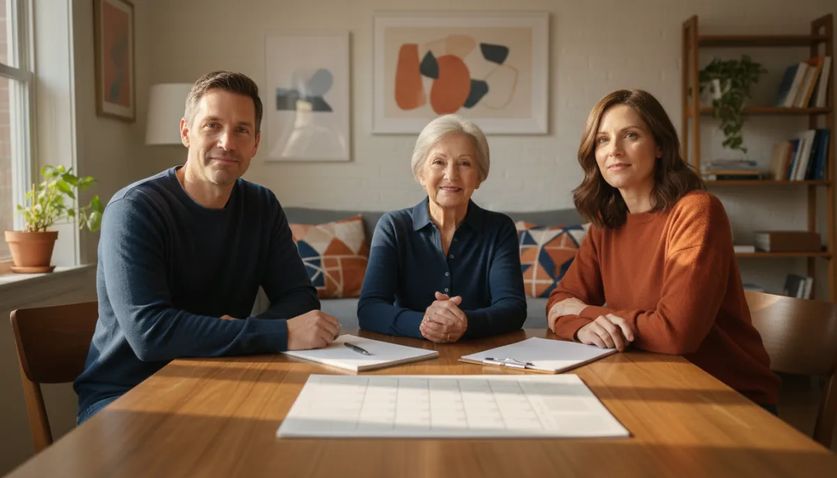 photorealistic family of two adults and one senior parent gathered around a dining table in a warm Philadelphia-area home, relaxed and calm, with a calendar, notepad, and simple printed checklist on the table, soft afternoon light, organized and hopeful mood, subtle navy blue #012044 and warm orange #F47B15 accents in throw pillows and wall decor, 600x400 landscape