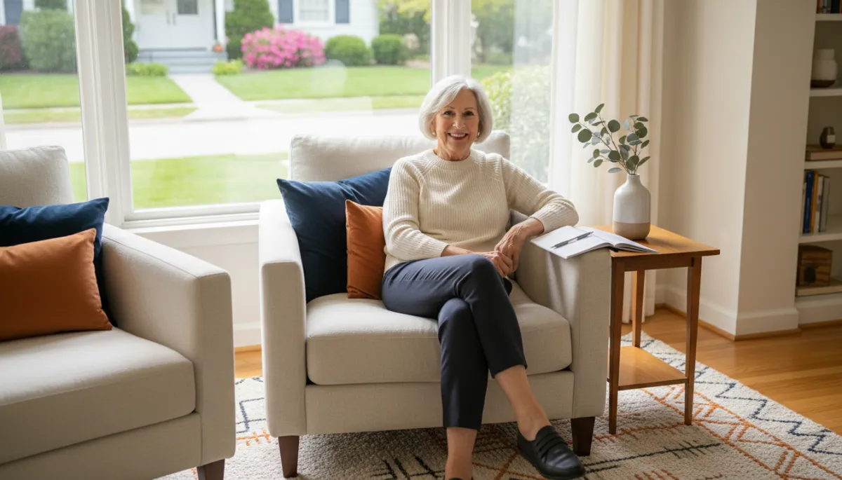 photorealistic senior homeowner sitting comfortably in a bright, clean, well-organized living room of a Philadelphia-area home, natural light streaming in, relaxed posture with a simple notebook or planner on the side table, view of a tidy front yard through the window, subtle navy blue #012044 and warm orange #F47B15 accents in throw pillows and a vase, 600x400 landscape