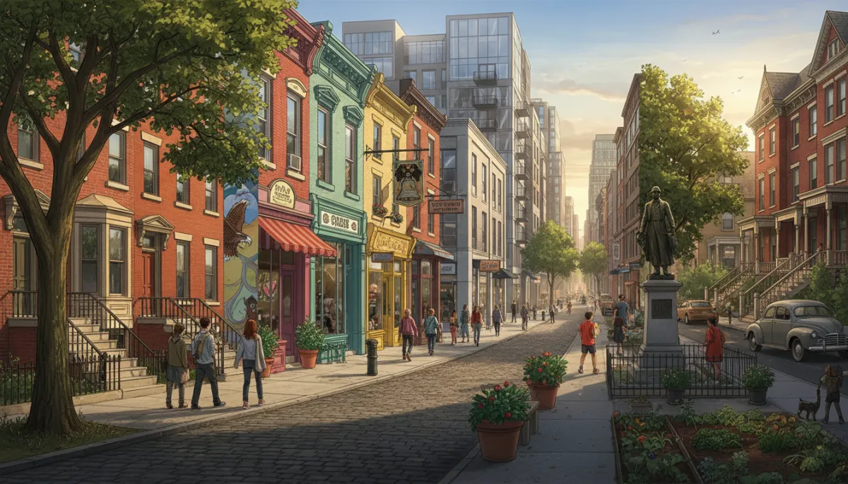People exploring Philadelphia Living with cafes rowhomes and walkable streets