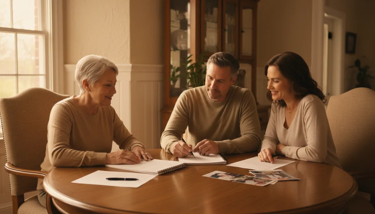 Senior parent and adult children reviewing a home selling checklist together at a dining table