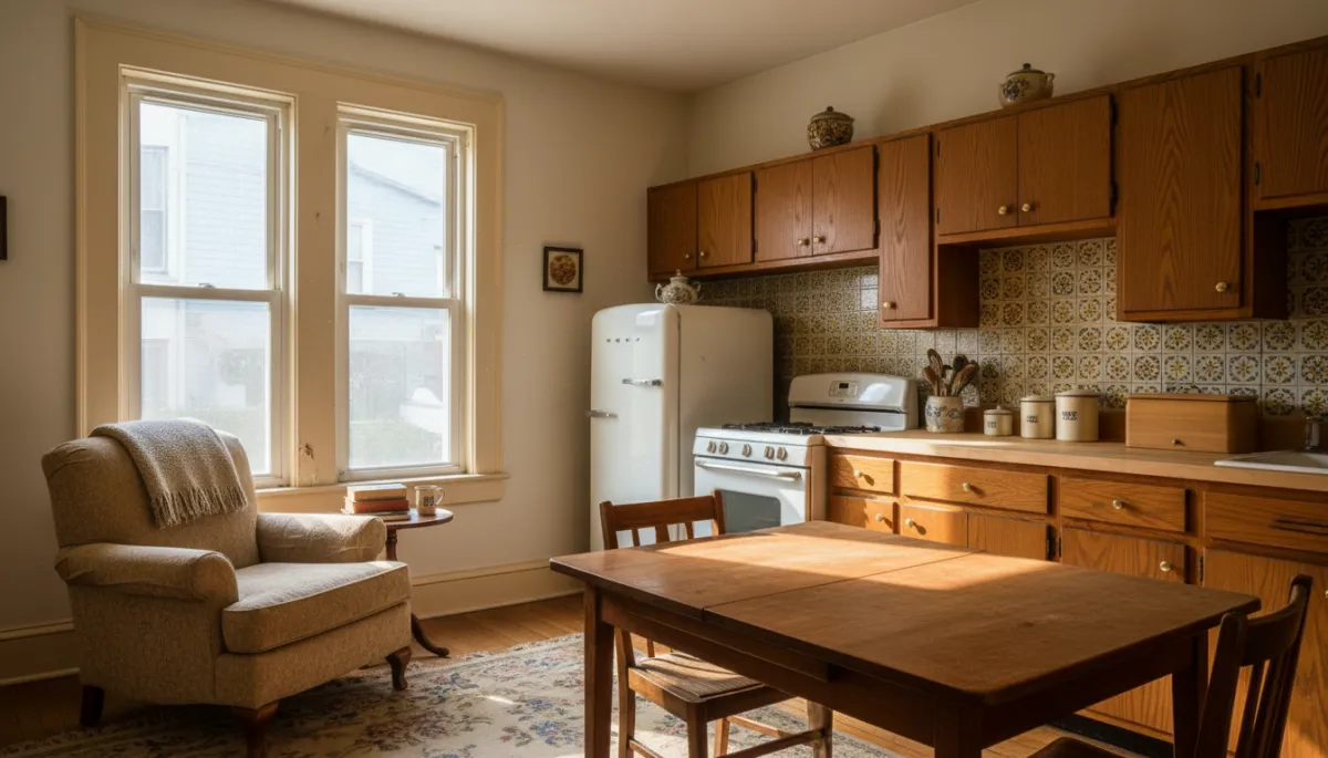 Cozy older home interior with a mix of character and dated finishes