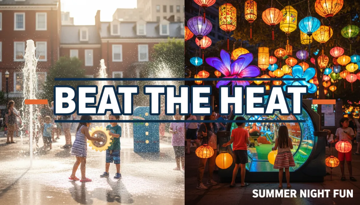 Add 3 photorealistic images to the existing blog post content. Do NOT rewrite, change, or modify the existing written text in any way. Only add images at appropriate locations within the existing content. IMAGE 1 — HERO image with bold text overlay "BEAT THE HEAT":Photorealistic scene of excited families cooling off at a Philadelphia splash park or sprayground. City-style architecture visible in the background. Water droplets, smiling children and adults, bright summer light, vibrant energy, premium editorial composition. Bold white sans-serif text overlay: BEAT THE HEAT. Navy blue (#012044) and orange (#F47B15) brand accents on the overlay. No logos, no fake venue signs. Place near the top of the post after the byline.Alt text: Families cooling off at a Philadelphia splash park during a hot summer weekend IMAGE 2 — Indoor museum scene, NO text overlay:Photorealistic scene of children and caregivers excitedly exploring a colorful interactive Philadelphia museum exhibit on a hot summer day. Joyful expressions, movement, bright colorful exhibits, natural light. No text overlay, no logos, no dark tones. Place in the indoor activities section.Alt text: Children exploring an interactive indoor Philadelphia museum on a hot weekend IMAGE 3 — Evening lantern scene, optional short text overlay "SUMMER NIGHT FUN":Photorealistic Philadelphia evening scene with families enjoying glowing lanterns, colorful illuminated displays, happy expressions, rich warm visual energy, polished lifestyle magazine look. Optional bold white text: SUMMER NIGHT FUN. No logos. Place in the evening events section.Alt text: Families enjoying a colorful evening attraction in Philadelphia after sunset Add each image's alt text to the image alt text field only. Do NOT display the alt text visibly as a caption beneath the images.. Context: This is for a blog post about "Beat the Heat: Family-Friendly Things To Do Around Philadelphia This Weekend, June 6–7". Style: Professional quality, photorealistic, high resolution