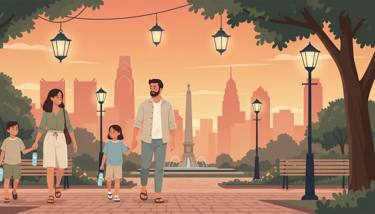 professional wide shot of a Philadelphia family walking past Franklin Square at sunset with lanterns beginning to glow, kids holding water bottles, parents in casual summer clothes, neutral color palette
