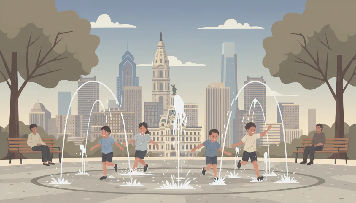 professional photo of children running through a Philadelphia sprayground fountain with city buildings in the background, parents watching from shaded benches, neutral color palette