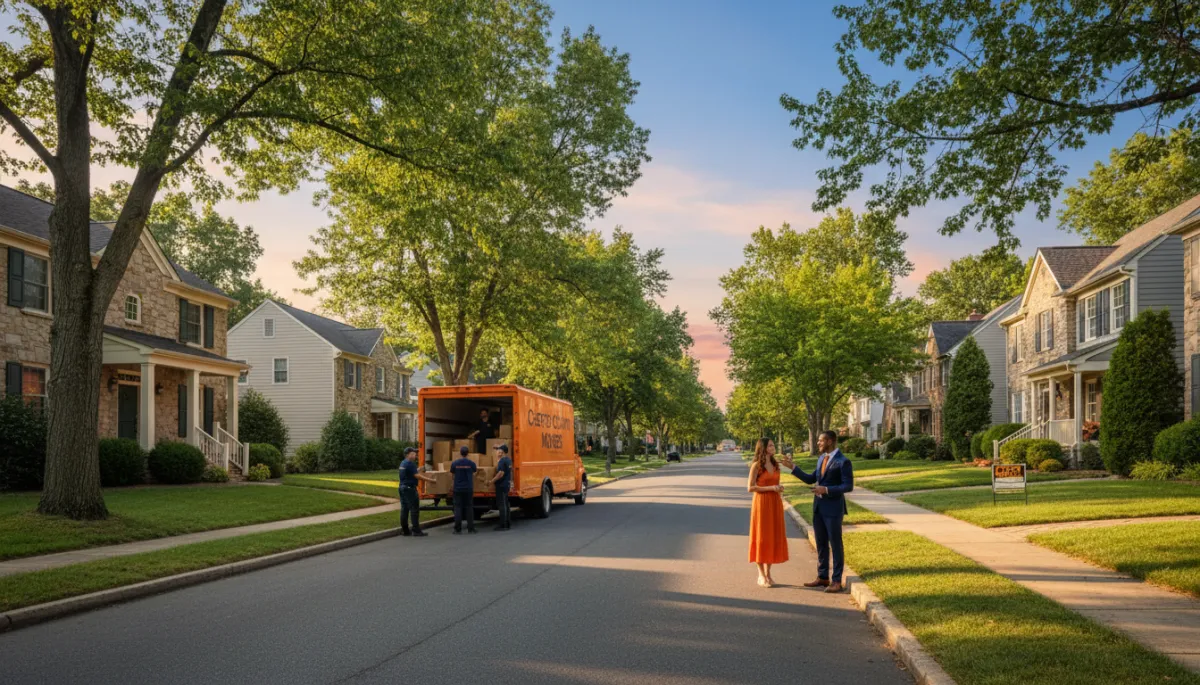 photorealistic Chester County residential street with mature trees, sidewalks, and a mix of stone and siding homes, warm late afternoon light, neighbors loading moving boxes into a truck, another homeowner talking with a real estate advisor at the curb, subtle deep navy blue #012044 and vibrant orange #F47B15 accents in clothing and vehicle details, premium Philadelphia Metro real estate magazine style
