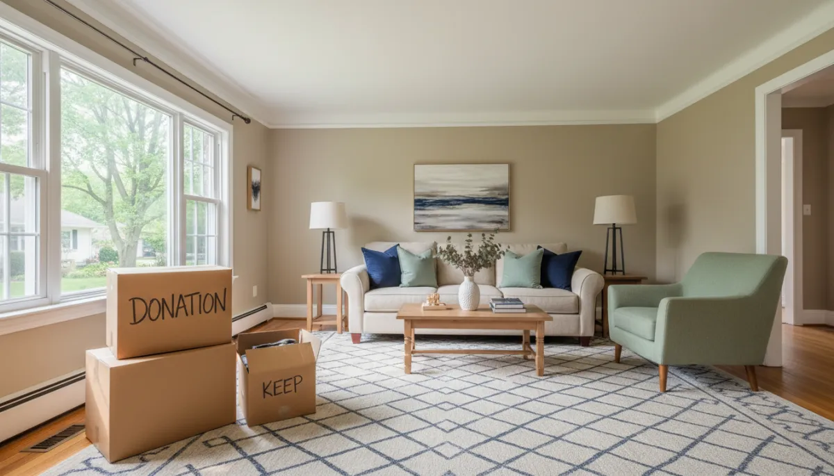 Organized living room with clearly labeled boxes for an estate cleanout. Organized living room with clearly labeled boxes for an estate cleanout.
