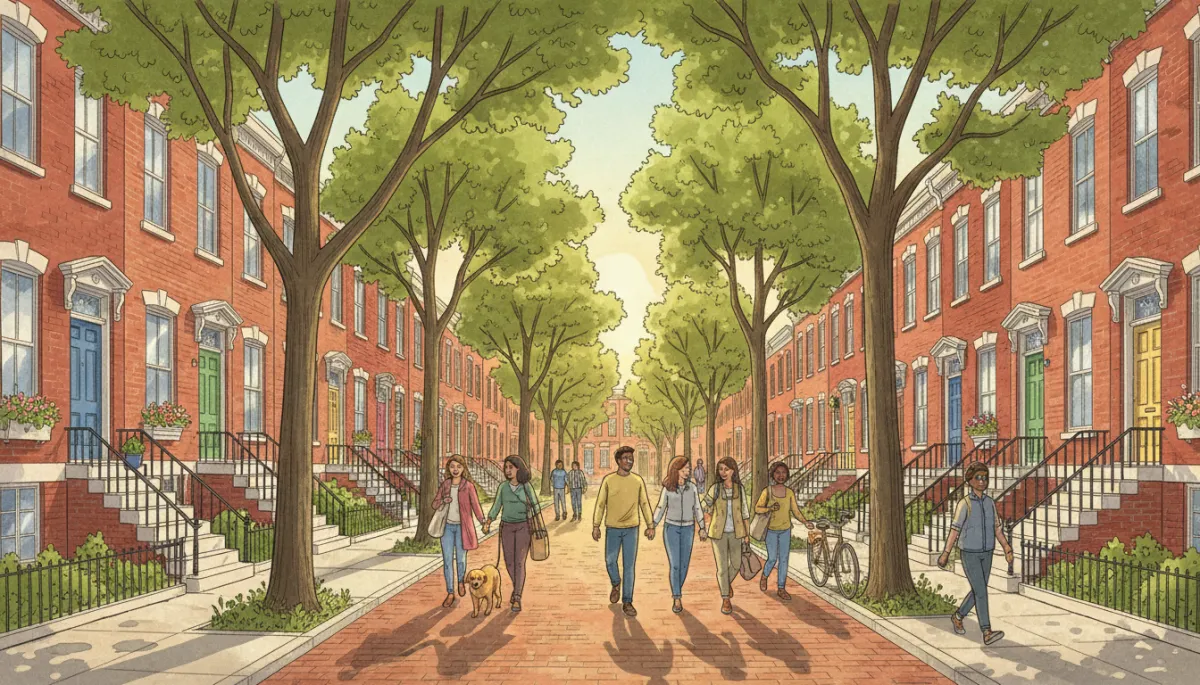 A classic Philadelphia rowhome street scene showing rows of brick rowhomes with front stoops, mature trees, and people walking along a lively, sunlit, walkable residential block.