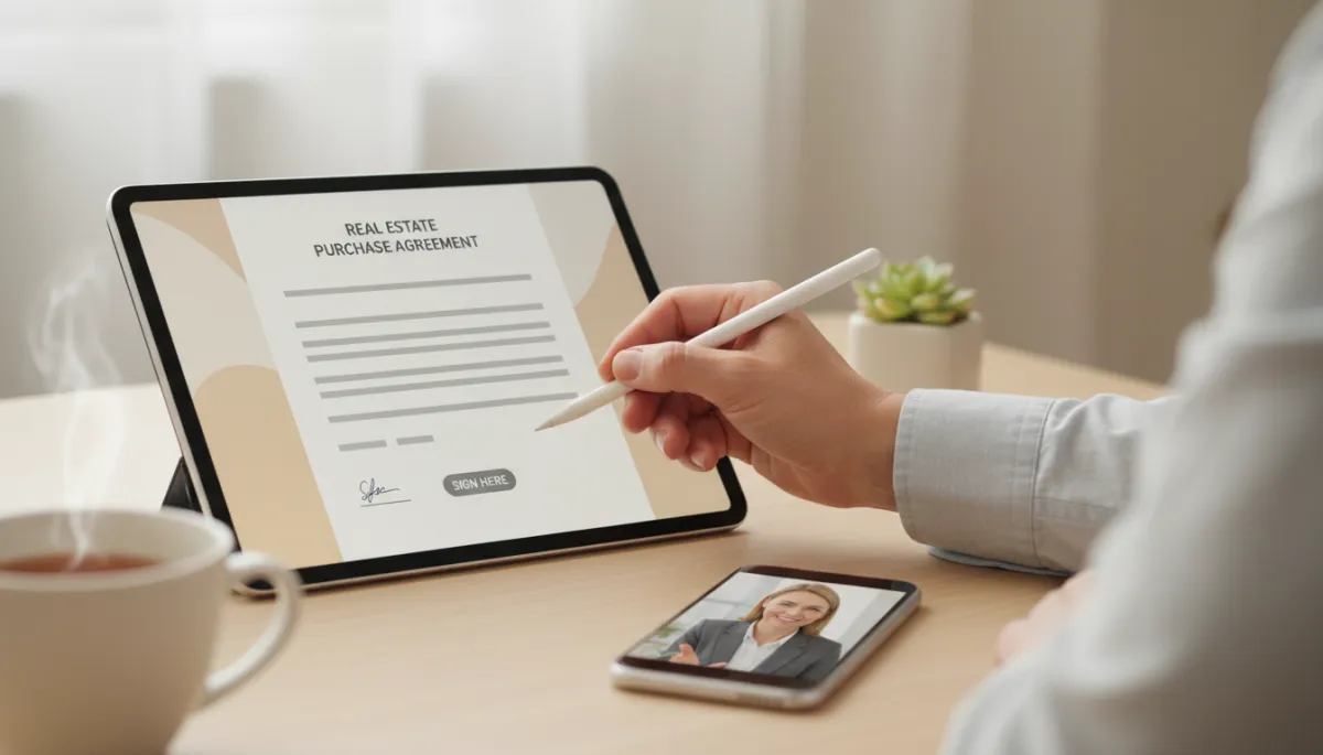 photorealistic close-up of adult hands signing real estate documents on a tablet, smartphone nearby showing a video call with a real estate agent, warm neutral tones suggesting calm remote coordination photorealistic close-up of adult hands signing real estate documents on a tablet, smartphone nearby showing a video call with a real estate agent, warm neutral tones suggesting calm remote coordination