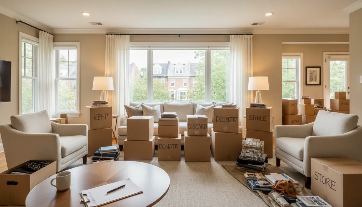 photorealistic bright organized living room in a Philadelphia-area home with neatly stacked labeled boxes and sorted piles of belongings, visible labels Keep Donate Discard Store, warm lighting, pen and clipboard with a checklist on a coffee table, professional well-lit interior photography style photorealistic bright organized living room in a Philadelphia-area home with neatly stacked labeled boxes and sorted piles of belongings, visible labels Keep Donate Discard Store, warm lighting, pen and clipboard with a checklist on a coffee table, professional well-lit interior photography style