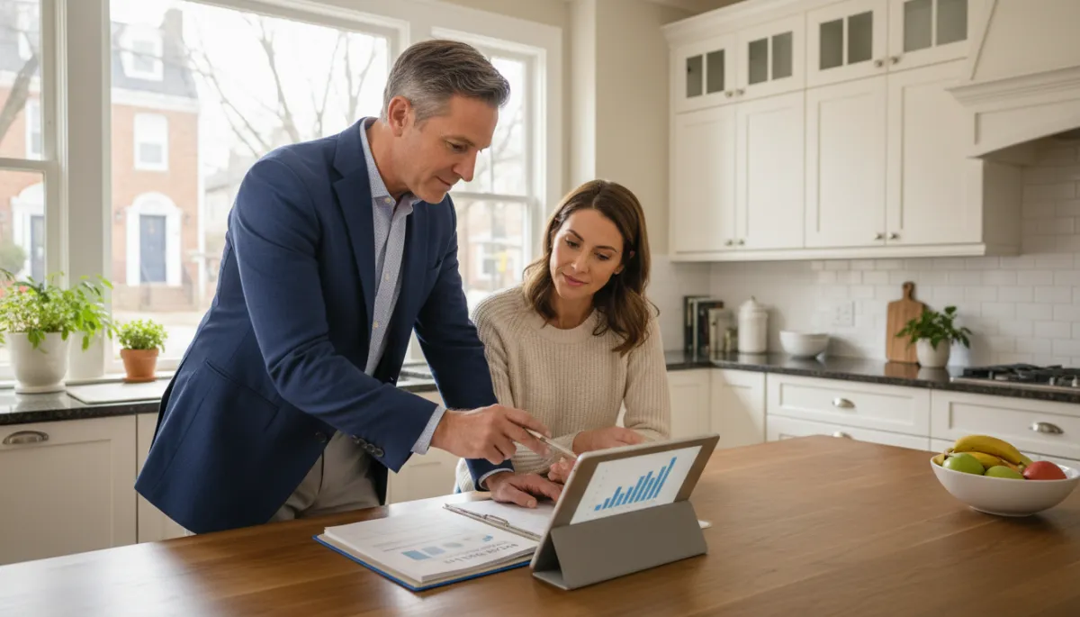 photorealistic warm bright scene of a professional male real estate agent in his 50s wearing business casual attire meeting with an adult family member at a kitchen table in a Philadelphia Metro home, both reviewing a tablet or folder with a home selling plan, natural light, collaborative and trustworthy mood, professional well-lit interior photography style photorealistic warm bright scene of a professional male real estate agent in his 50s wearing business casual attire meeting with an adult family member at a kitchen table in a Philadelphia Metro home, both reviewing a tablet or folder with a home selling plan, natural light, collaborative and trustworthy mood, professional well-lit interior photography style
