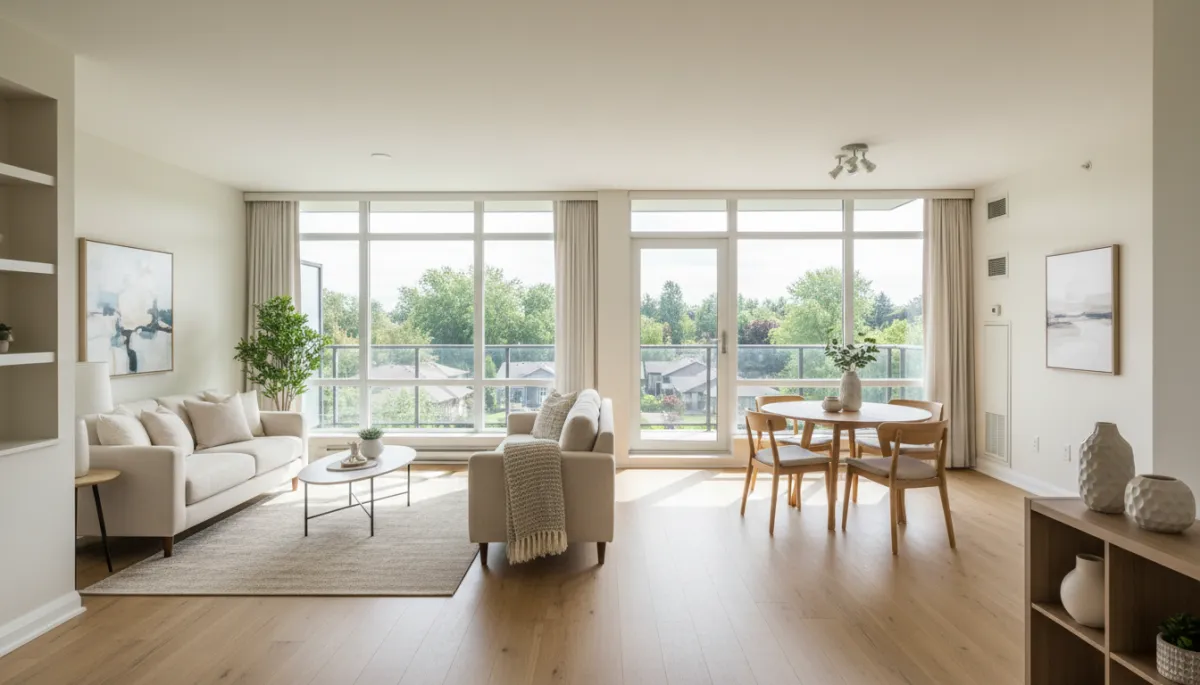 Bright modern condo interior suitable for senior downsizing in Media area Bright modern condo interior suitable for senior downsizing in Media area