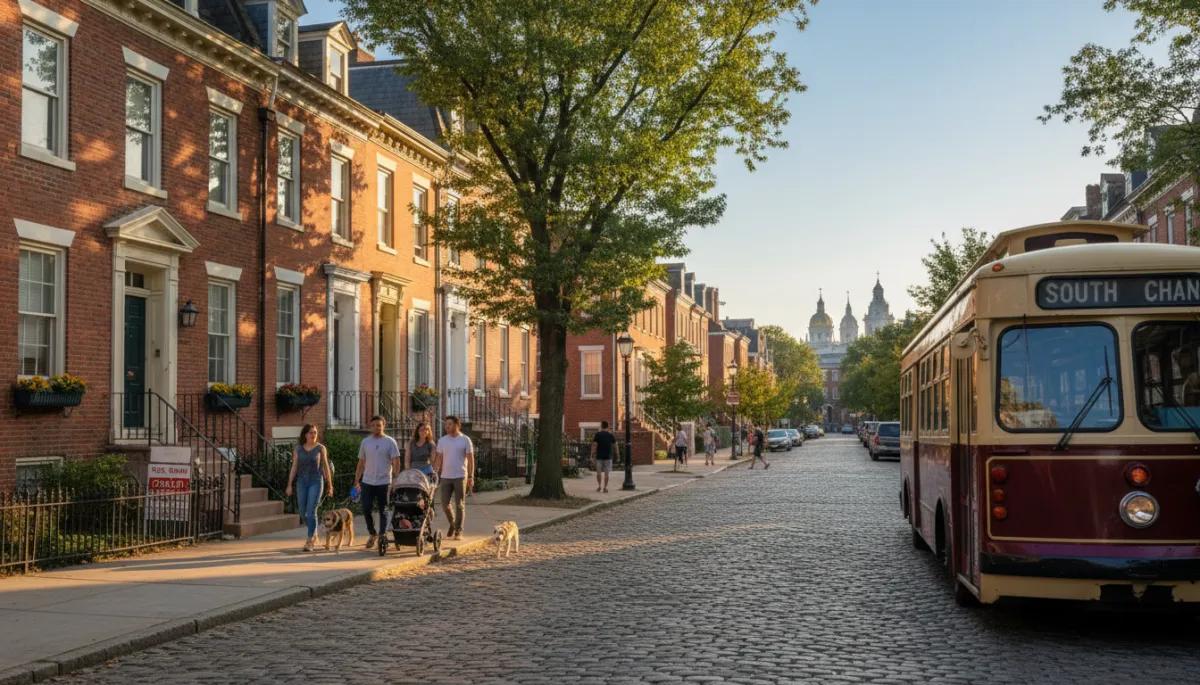 South Philadelphia residential block with classic brick rowhomes