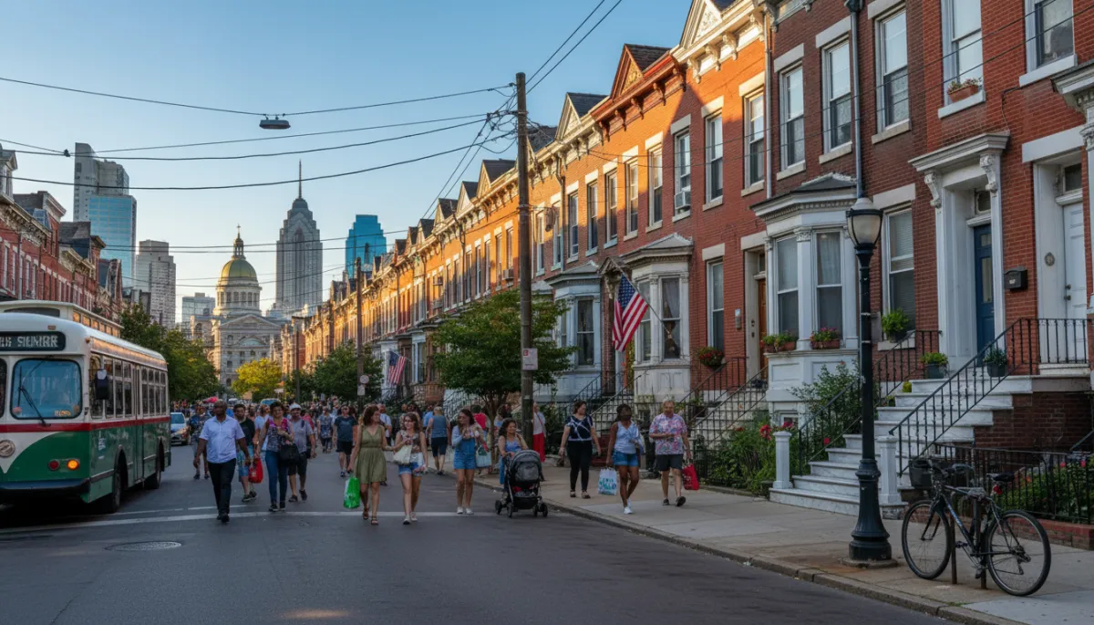 South Philadelphia commercial corridor with shops cafes and walkability