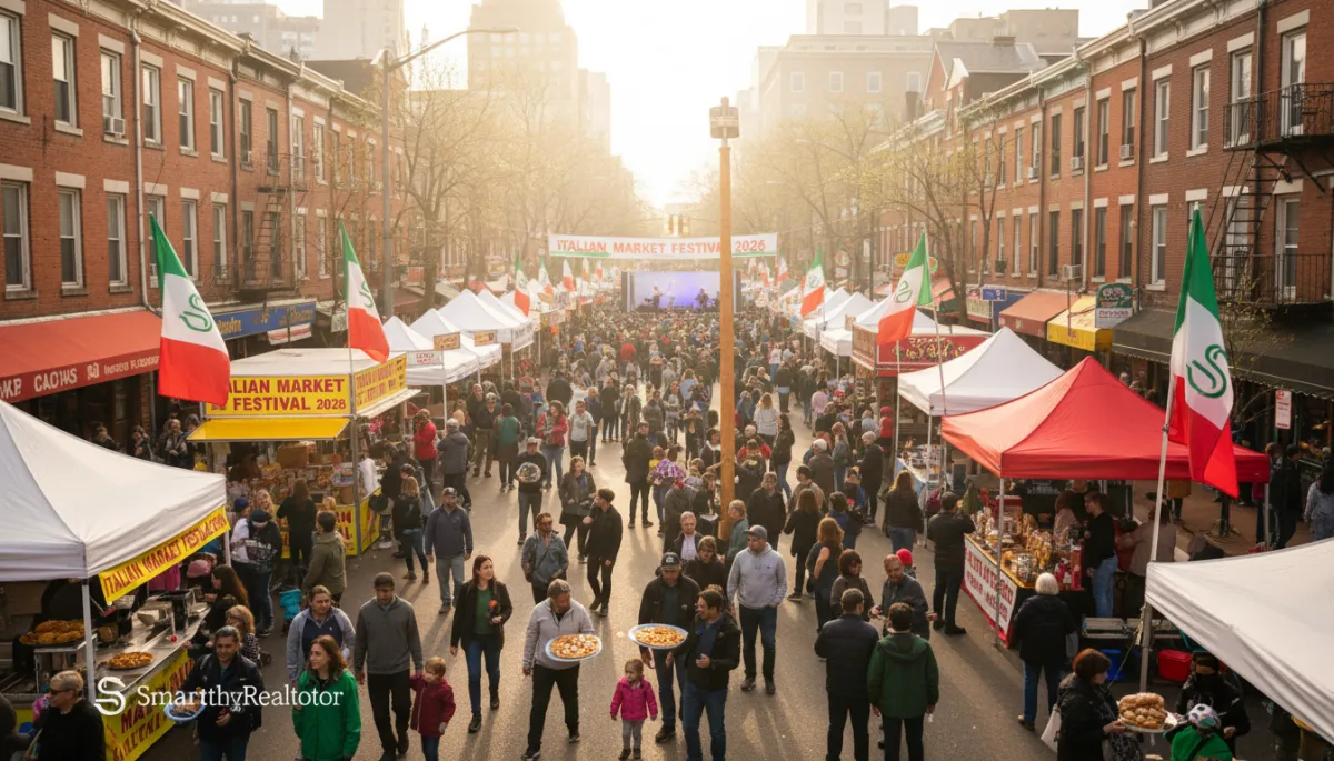 Families enjoying food, music, and local vendors at the South 9th Street Italian Market Festival in Philadelphia on a sunny spring weekend.