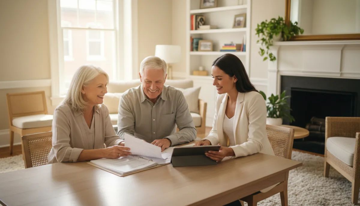 photorealistic bright Philadelphia-area living room in warm neutral colors, senior couple sitting at a wooden table with natural daylight streaming in, smiling as they review housing documents with a friendly real estate advisor, optimistic and empowering atmosphere