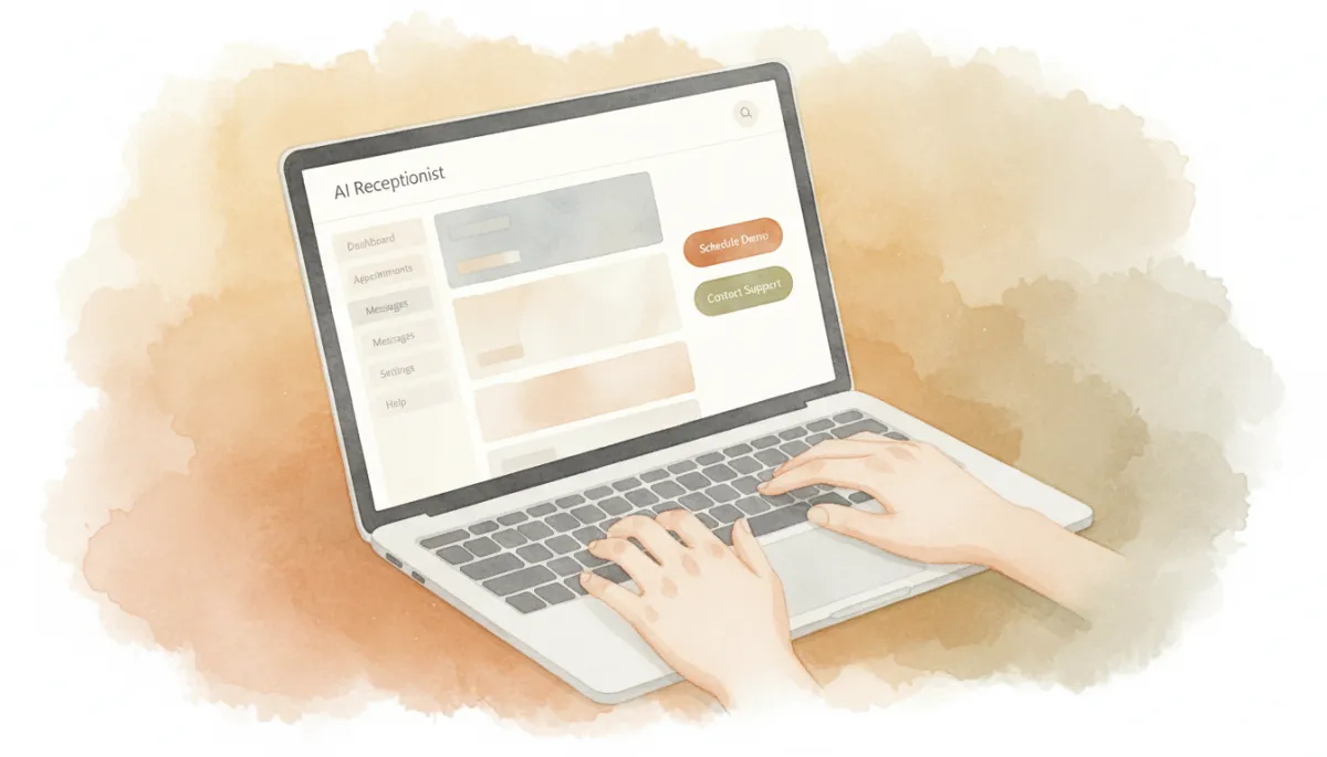 Person using a laptop to navigate a clean AI receptionist web page Person using a laptop to navigate a clean AI receptionist web page