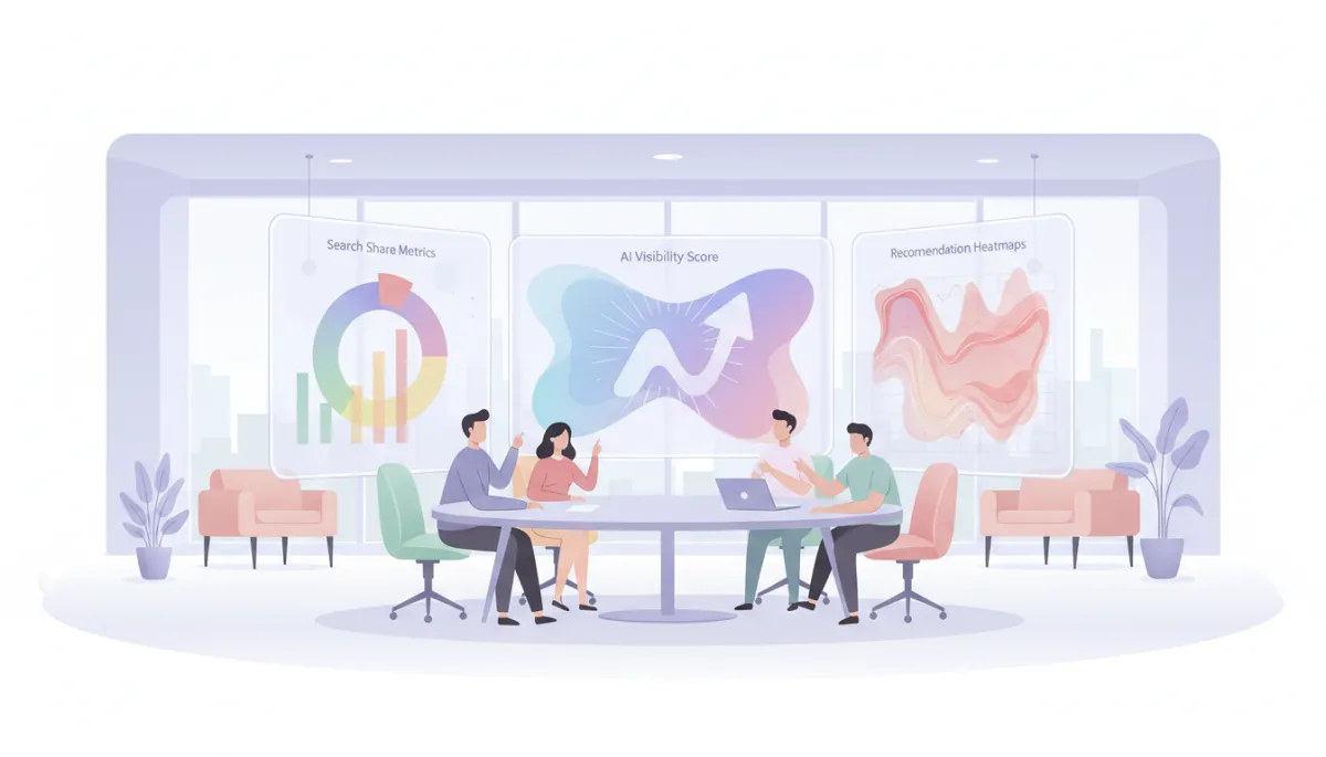 Team analysing AI search visibility and recommendation metrics on dashboards Team analysing AI search visibility and recommendation metrics on dashboards