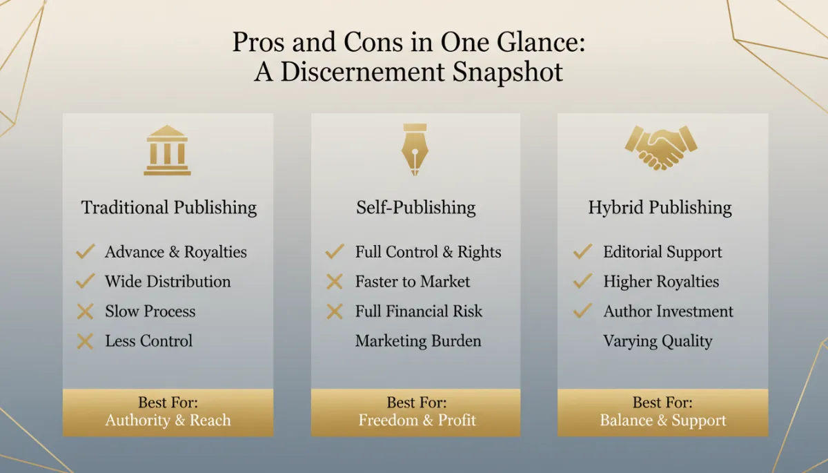 A clean, modern infographic titled 'Pros and Cons in One Glance: A Discernment Snapshot.' The graphic should visually compare Traditional Publishing, Self-Publishing, and Hybrid Publishing with three vertical columns. Each column includes: a simple icon (e.g., a building for Traditional, a pen for Self, a handshake for Hybrid), a bulleted list of key pros and cons, and a callout at the bottom for 'Best For.' Use a neutral, professional color palette with gold accents to match a Christian leadership/coaching audience. The layout should feel inviting and easy to scan at a glance, suitable for faith-driven business leaders. A clean, modern infographic titled 'Pros and Cons in One Glance: A Discernment Snapshot.' The graphic should visually compare Traditional Publishing, Self-Publishing, and Hybrid Publishing with three vertical columns. Each column includes: a simple icon (e.g., a building for Traditional, a pen for Self, a handshake for Hybrid), a bulleted list of key pros and cons, and a callout at the bottom for 'Best For.' Use a neutral, professional color palette with gold accents to match a Christian leadership/coaching audience. The layout should feel inviting and easy to scan at a glance, suitable for faith-driven business leaders.