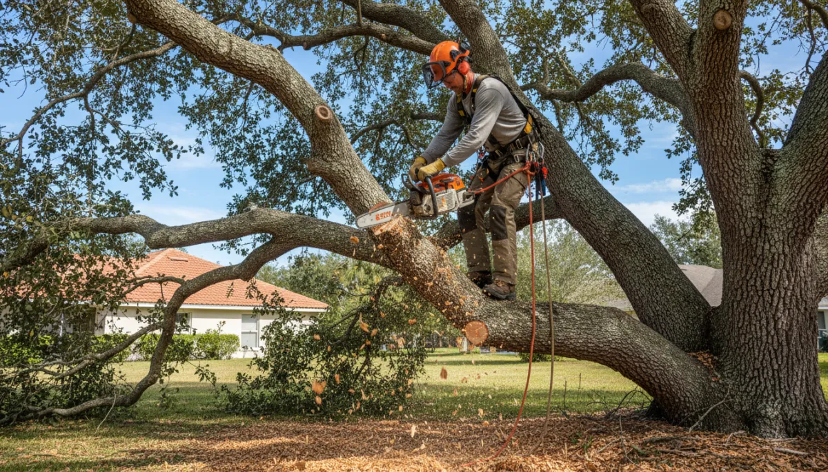 Arborist removing deadwood from a mature oak tree in a Florida yard