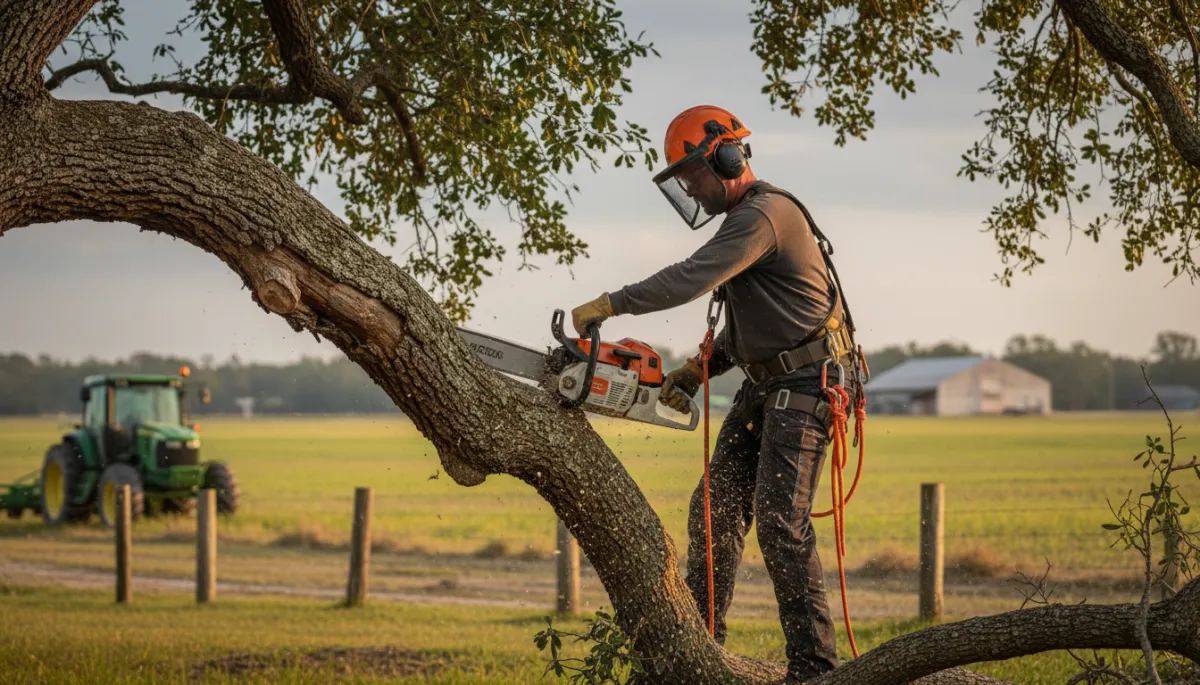 Arborist removing deadwood from a large oak tree on a rural property