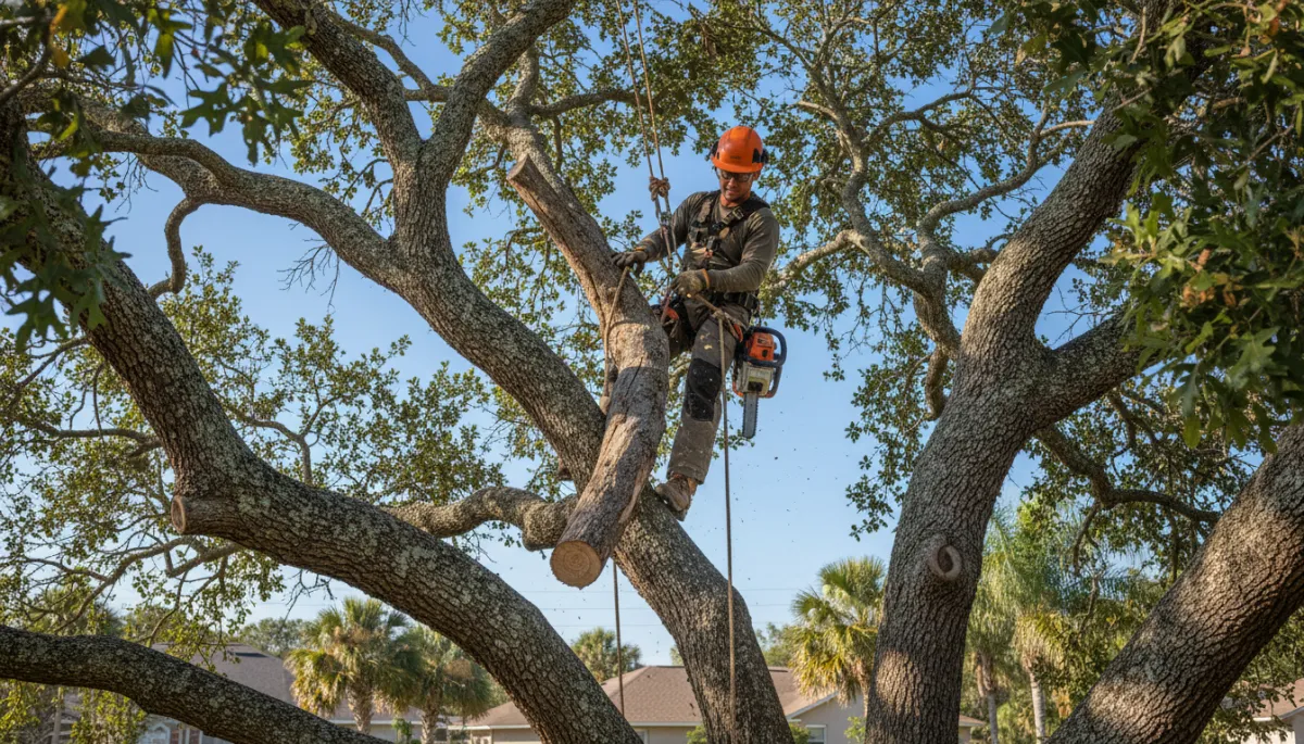 Arborist performing deadwood removal in a Palm Coast backyard