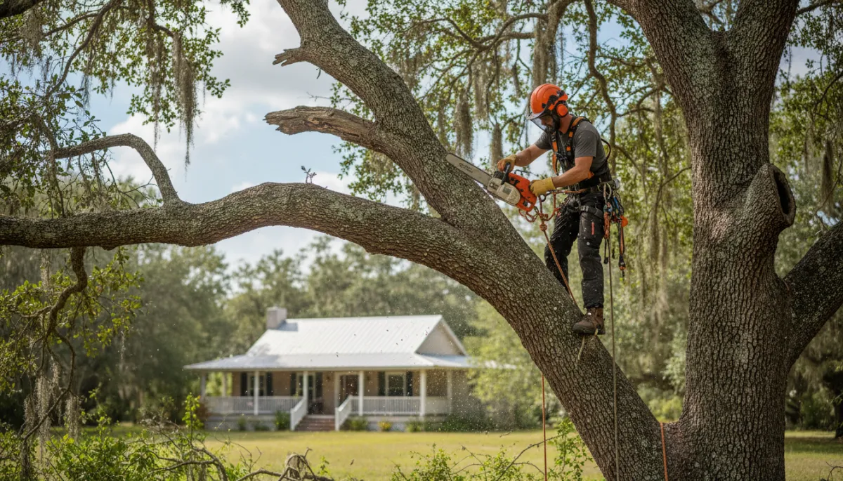 Arborist removing deadwood from a mature oak tree near a home