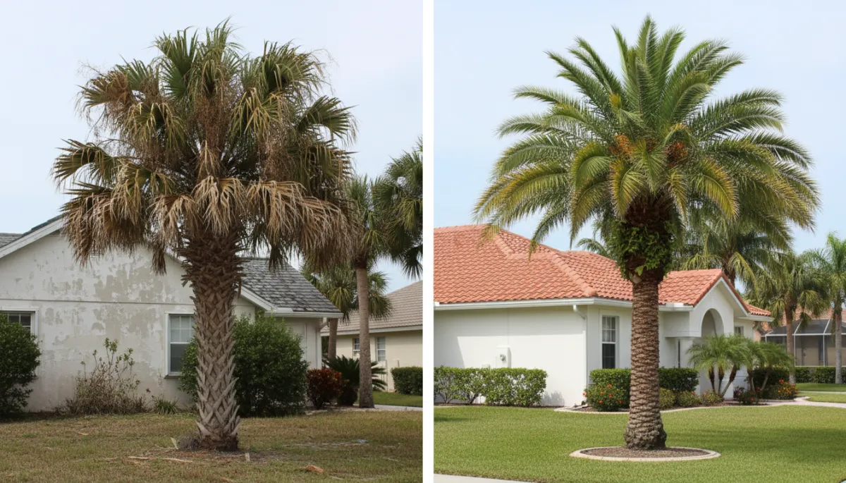 photorealistic before-and-after split of an overgrown palm tree with dangerous hanging dead fronds on the left and a cleanly trimmed healthy palm on the right, in a Florida coastal neighborhood with stucco homes and neat lawns under neutral daylight