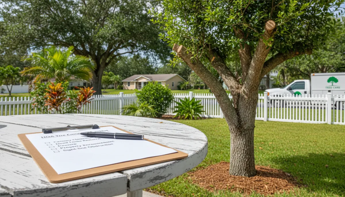 HOA tree compliance checklist next to a freshly trimmed oak tree in a Florida backyard