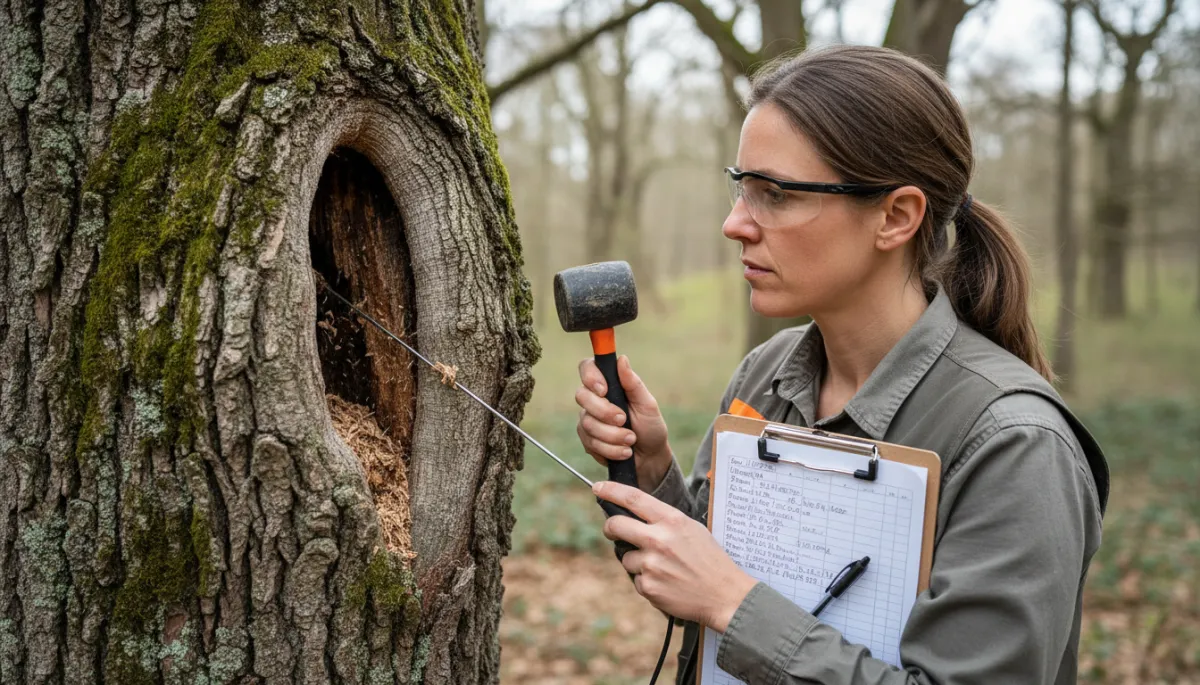 Certified arborist inspecting tree decay with tools and clipboard