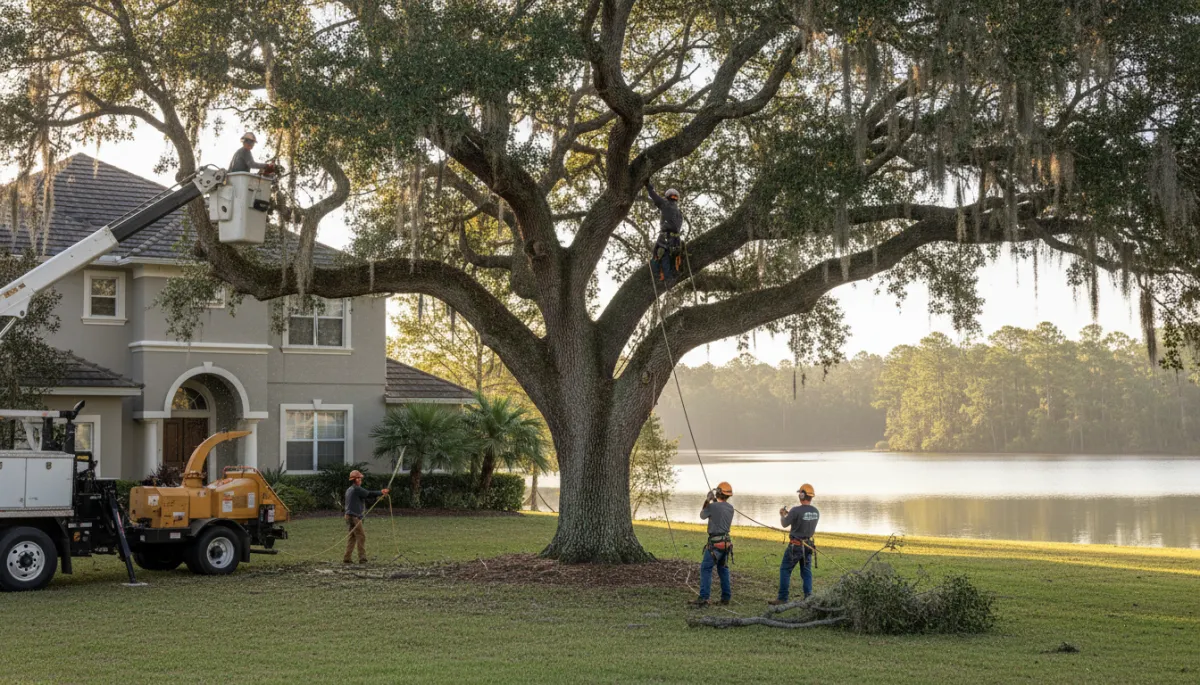photorealistic wide shot of professional arborists trimming large live oak in a neat front yard near a Florida lakefront home, neutral color palette, soft morning light, crew using safety gear and bucket truck, subtle view of forested shoreline in background