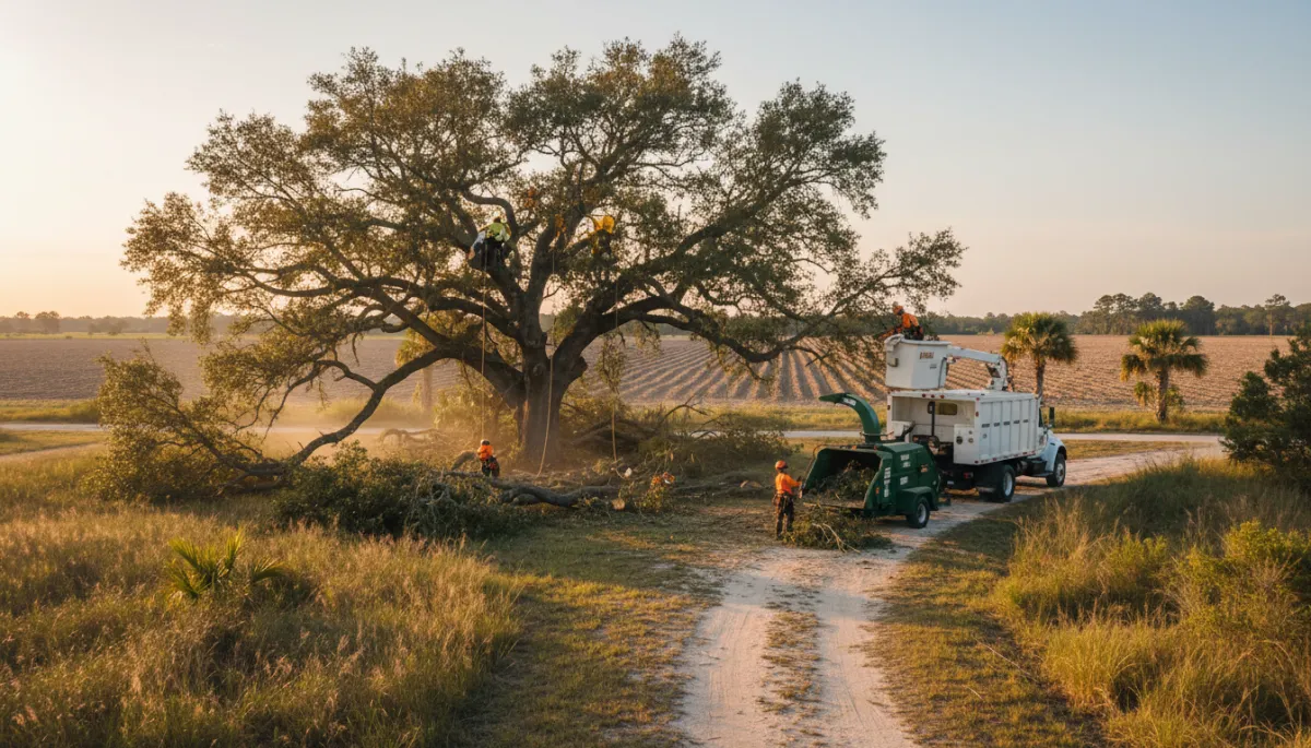 photorealistic wide shot of a neutral-tone rural Florida property near Hastings with large live oaks being professionally trimmed by arborists in safety gear, bucket truck and chipper on a dirt driveway, open farm fields and scattered trees in background, soft late-afternoon light