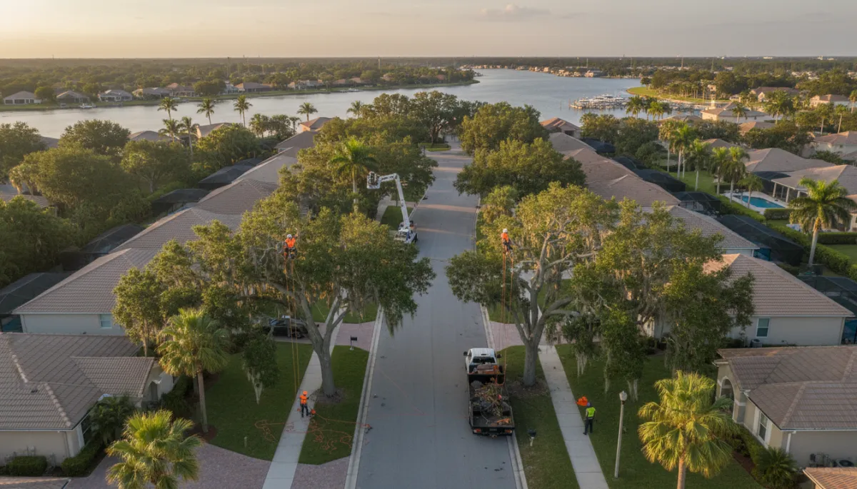 photorealistic aerial view of a Palm Coast FL suburban street with mature oaks and palms being professionally trimmed by a crew in safety gear, neutral color palette, late afternoon light near the Intracoastal Waterway