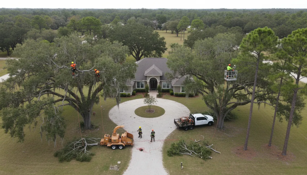 photorealistic aerial view of a large-lot residential property in semi-rural Florida with mature oak and pine trees being professionally trimmed by arborists in safety gear, neutral color palette with soft natural lighting