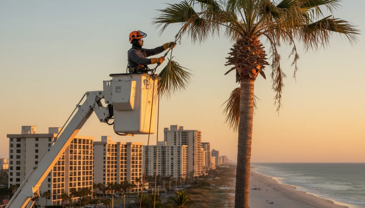 photorealistic scene of a certified arborist in full safety gear high up in a boom lift trimming the fronds of a tall Sabal palm tree with the Daytona Beach coastline and high-rise beachfront properties visible in the background, golden morning light, neutral color palette