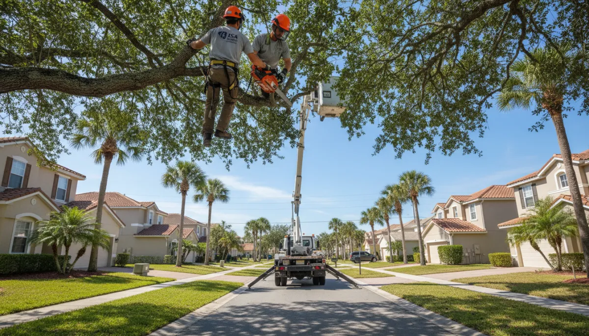 photorealistic ultra-detailed scene of an ISA-certified arborist in branded safety gear using a professional lift to trim an overhanging live oak tree along a manicured Palm Coast Florida HOA neighborhood street, matching stucco homes with tile roofs, neatly edged lawns, palm trees lining the road, bright Florida sunshine and blue sky, neutral color palette, professional photography style