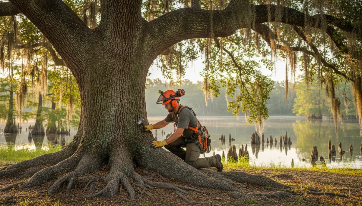 photorealistic ISA-certified arborist in full safety gear carefully inspecting the base and root flare of a massive old-growth live oak tree on a quiet Florida lakefront rural property in Putnam County, golden morning light filtering through Spanish moss, calm water and cypress knees in background, neutral color palette