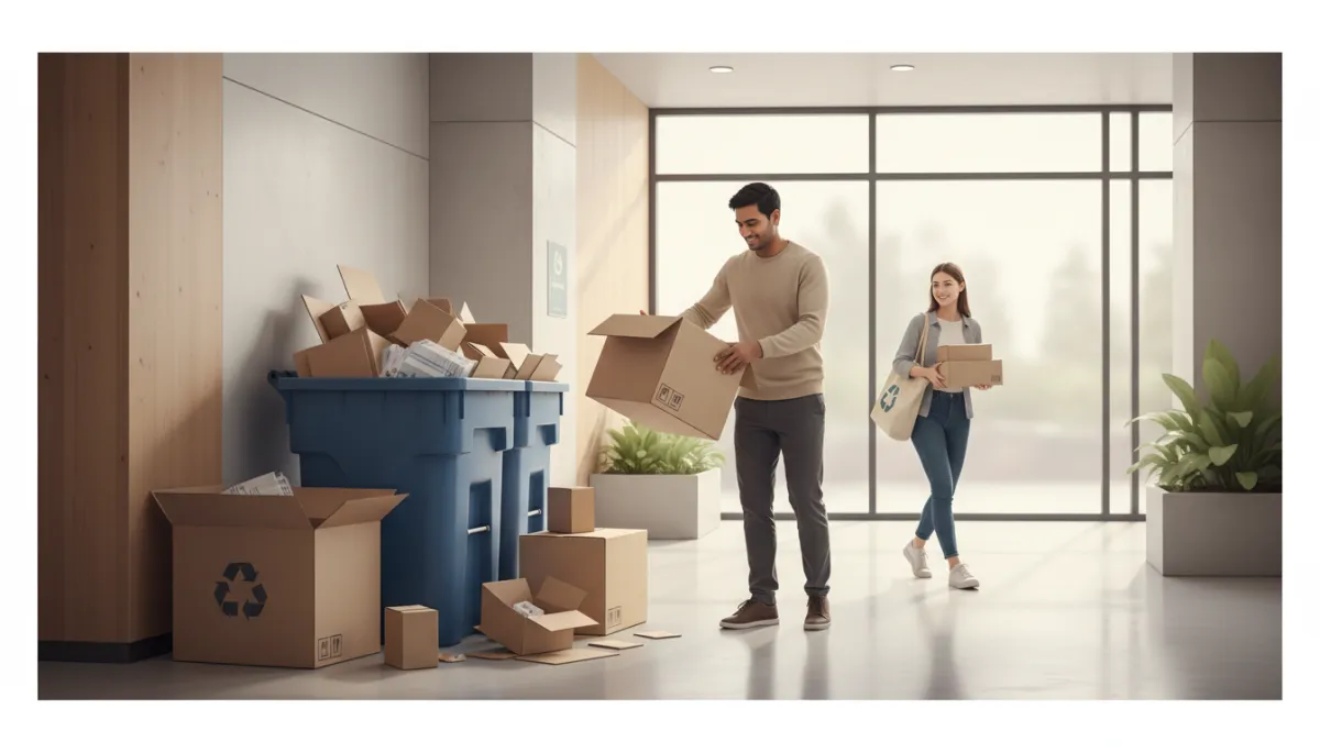 A photorealistic, high-resolution image of a modern apartment building’s recycling area in soft, warm neutral tones. Cardboard boxes are visibly overflowing from a designated recycling bin, some stacked haphazardly on the ground nearby. In the foreground, a friendly resident is actively flattening large cardboard boxes, demonstrating good recycling habits. Another resident walks by carrying a couple of online shopping parcels. The setting is clean and organized, with contemporary architectural elements, gentle ambient lighting, and subtle greenery around. The overall mood is inviting and community-focused, with clear emphasis on the challenges and solutions of managing excess cardboard in shared recycling spaces. No text or graphics overlays present.