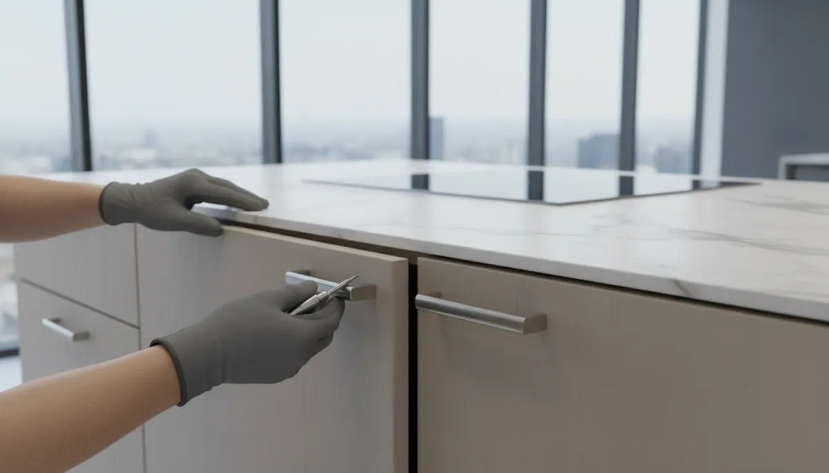 Craftsman installing custom cabinet doors during a professional kitchen remodel