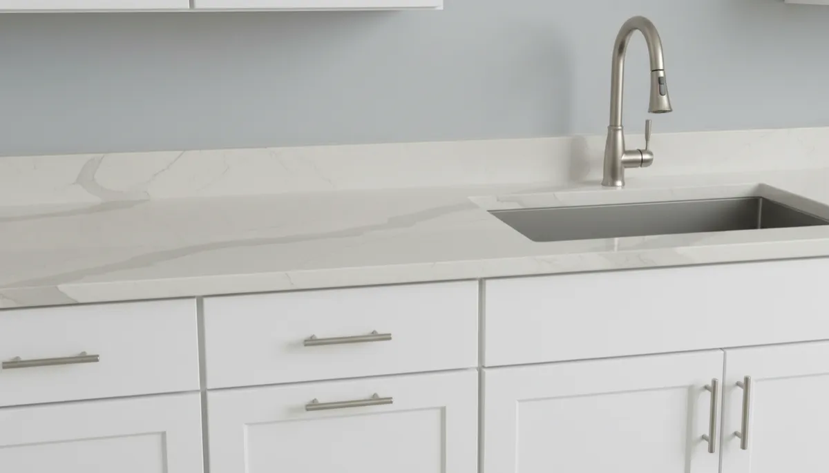 Neutral quartz kitchen countertop paired with custom cabinetry