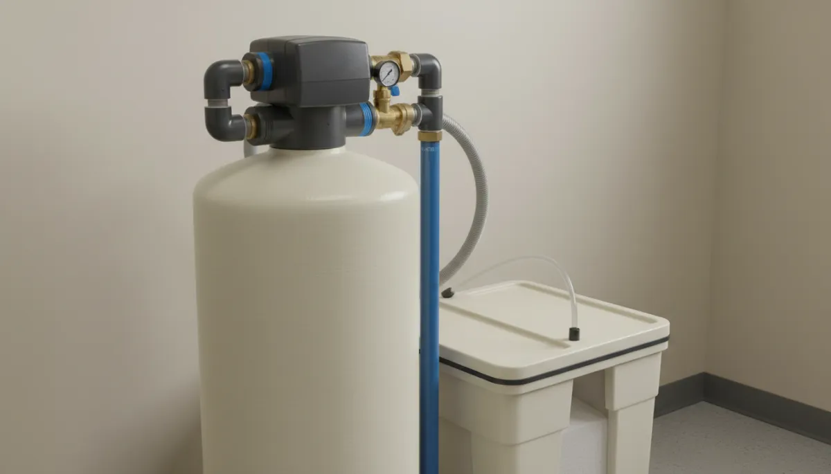 Close-up of a salt water softener mineral tank and brine tank in a home utility room
