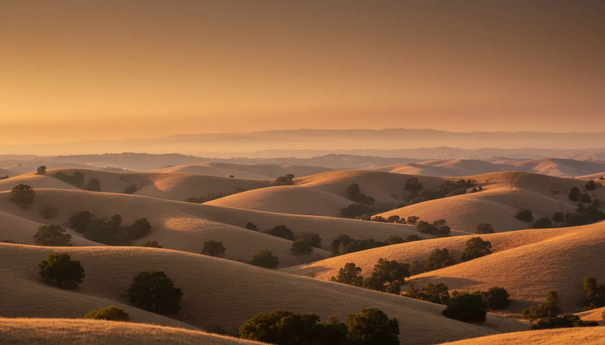Distant wildfire smoke softening the horizon over rolling California hills