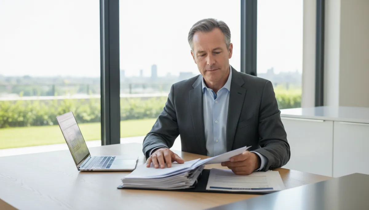 Homeowner reviewing insurance documents at a modern kitchen table