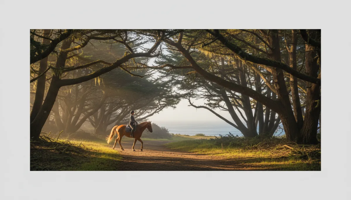Rider on horseback along a wooded trail in Del Monte Forest